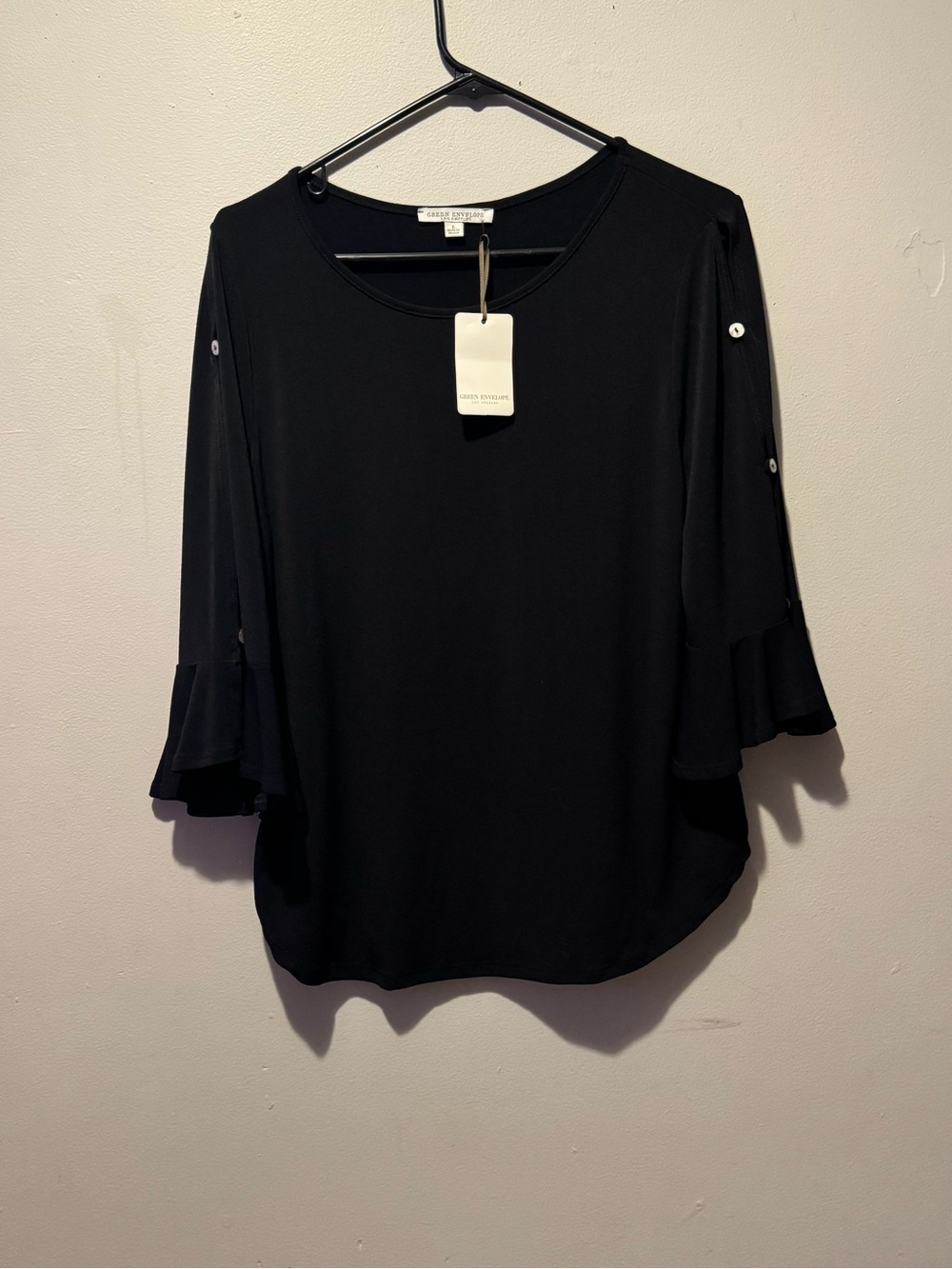Green Envelope Black Ruffle-Sleeve Blouse